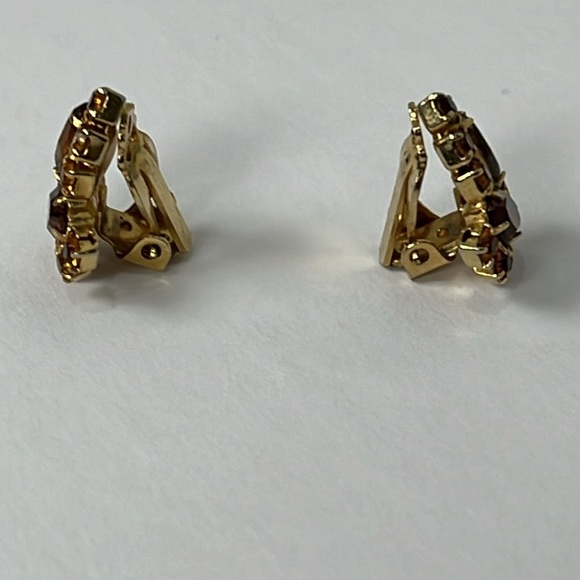 Vintage Gold Tone Brown Orange Marquee Rhinestones Clip On Earrings OS - Picture 6 of 8